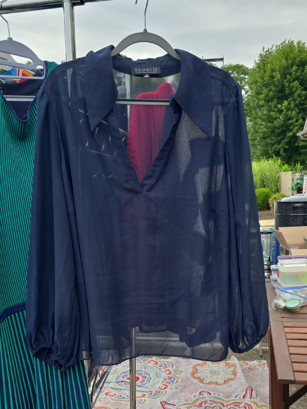 Eloquii Sheer Navy V-Neck Blouse with Spread Collar